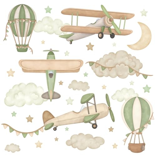 Wally Fox - Wandtattoo Kinderzimmer - Kinderzimmer Deko - Wandtattoo Kinderzimmer Jungen, Mädchen - Flugzeuge, Luftballons, Sterne, Wolken, Grün - L - 34stk