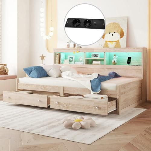 Generisch Multifunktionales Daybett 90x200cm - Schlafsofa mit LED-Beleuchtung, USB-Anschlüssen, Stauraum & Lattenrost - Modernes Design in Natur - Perfekt für Gästezimmer & kleine Wohnungen