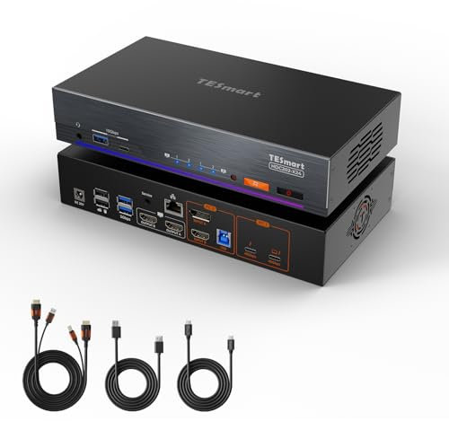 TESmart Thunderbolt 4 KVM Switch, TB4 for 1 Laptop | HDMI+DP for 1 Desktop, Dual Monitor 4K@60Hz Pro Docking Station, 40Gbps + 60W PD, 10Gbps USB Hub, Gigabit LAN w/EDID for Mac Studio & PC Pro