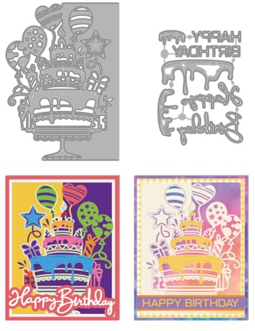 MAYJOYDIY Geburtstagstorten Stanzformen Zum Basteln von Karten „Happy Birthday“ Metall Stanzformen Ballon Party Stanzschablone Für Scrapbooking Bastelpapier Geburtstagskarte Geschenkdekoration