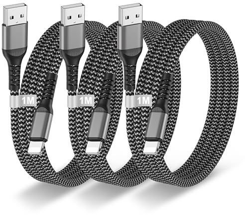 Lot de 3 Cable Chargeur pour Apple iPhone,1M Certifié Mfi Câble iphone Nylon Cordon Cable Pour iPhone 14/13/12/11/Pro Max/x/8/7/6/5/Se,iPad, 2.4A USB Fil i phone Charge Rapide