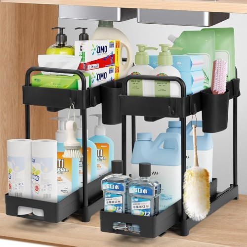 NEWHEY 2 Paquete Organizador Bajo Fregadero, Organizador de Cocina de 2 Niveles, Estanteria Cocina para Cocina, Baño, Negro