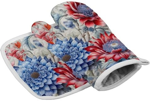 Gants de cuisine personnalisés résistants à la chaleur pour femme - Motif fleurs rouges et bleues