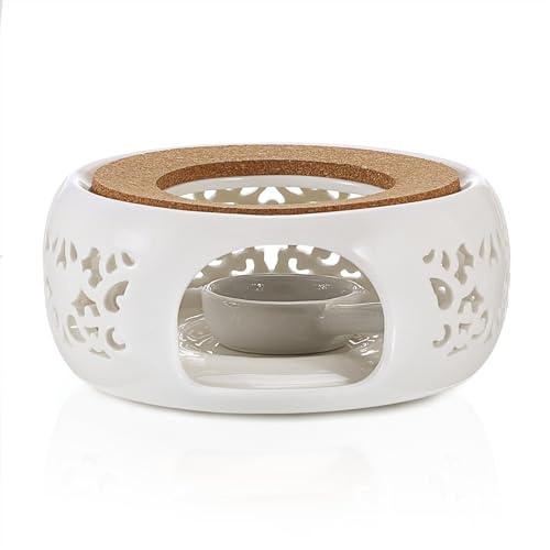 BSTKEY Ceramic Teapot Warmer with Tealight Holder and Cork Cushion, White Decorative Tea Coffee Milk Heating Warmer Teapot Heater Tealight Burner for Teapot (Flower Pattern)