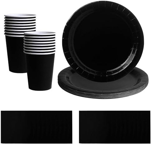 52pcs Black Disposable Tableware Set - 20 Paper Napkins 16 Cups 16pcs 7inch Paper Plates | Biodegradable Solid Color Black Dinnerware for Birthdays, Weddings, Kids Adult Christmas Party