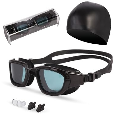 Hurdilen Swim Goggles, Goggles Adult with Swim Cap, Nose Clip & Ear Plugs, UV Protection Anti-Fog Lens and Case, for Adult (Clear & Black)