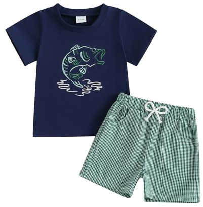 LAGKIYOJ Toddler Boy Summer Clothes Fishing Sailboat Embroidery Short Sleeve T-Shirt + Plaid Shorts Set Infant Boy Clothes (Green, 2-3T)