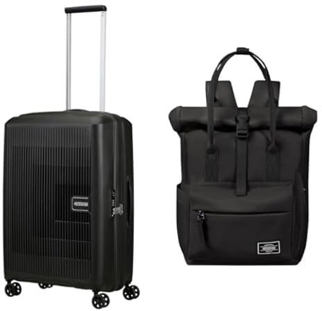 American Tourister Aerostep & Urban Groove - Erweiterbarer Koffer, 67 cm, 66,5/72,5 L & Rucksack, 36 cm, 17L - Reise-Set - Schwarz