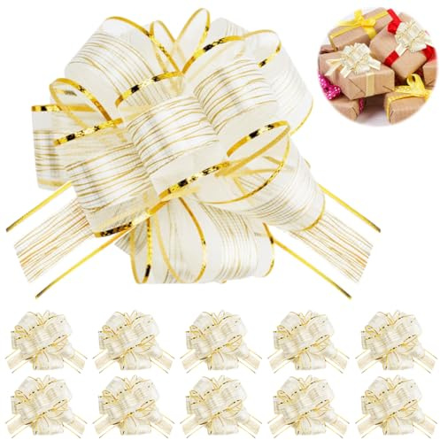 10 Pezzi Fiocchi Auto Matrimonio,18cm Fiocco Regalo Grande,Bianco e Oro Fiocchi per Pacchi Regalo,Plastica Materiale,Natale Coccarde Autotiranti Fiocco per Matrimoni,Compleanni,Auto Natale e Feste