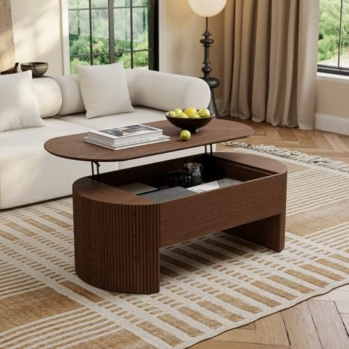 Homary - Mesa de centro elevable extensible moderna, mesa de centro ovalada elevable nogal, bandeja de madera 1200 mm, espacio de almacenamiento oculto para salón y espacio pequeño