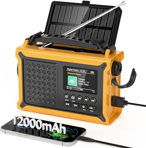 Dab/Dab+ Radio d'urgence Portable, FM Digital Radio avec Solaire Dynamo 12000mAh, Manivelle Solaire, 2,4 Grand Affichage Couleur, Bluetooth 5.0, 5 Méthodes de Chargement, Alarme SOS de Camping