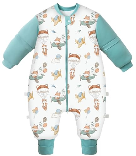 Chilsuessy Baby Winter Schlafsack mit Füßen und abnehmbar Langarm mit Beinen aus Natur Bambusfaser Kinderschlafsack Kinder Schlafsack 3.5 Tog/Fuchs, Astronaut, M/Baby Höhe 90-100