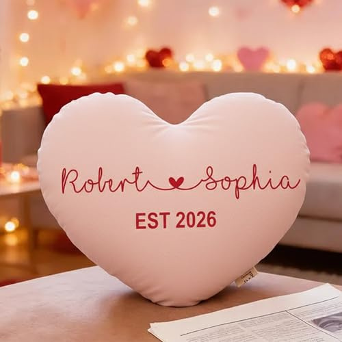 LNG Boutique Personalized Heart Pillow with Names and Established Year, Custom Couple Cushion, Romantic Valentine Anniversary Presents for Her Him, Wedding Engagement Keepsake, Cute Bedroom Decor