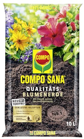 Compo SANA® - Tierra para flores de calidad sin turba, 10 L, universal para plantas de interior, balcones y plantas en macetas, suelo estable para plantas de interior con abono inicial, suministro