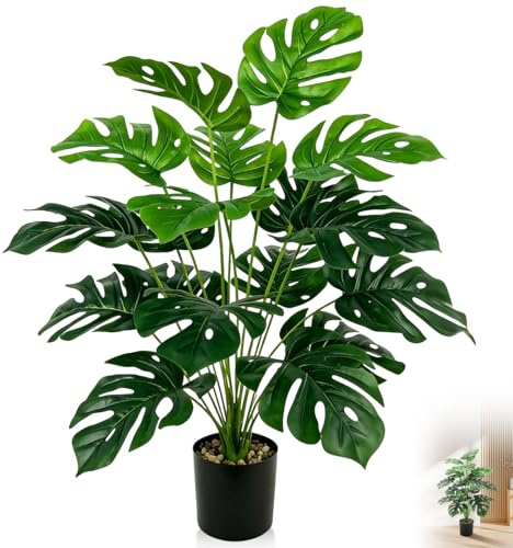 85cm Decorative Artificial Monstera Deliciosa Potted Plant, 24 Large Split Leaves Fake Foliage, Simulated Tropical Palm Faux Greenery for Outdoor Indoor Living Room Bedroom Balcony Home Office Decor