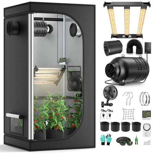 MINENICE Growzelt Komplettset mit M1500 LED Vollspektrum Grow Lampe 80x80x160cm Grow Tent 4 215 CFM 3000RPM Ruhiges und Effizientes Belüftungssatz, 4-Gang-Lüfter, Hydroponics Indoor Growing Tent Set
