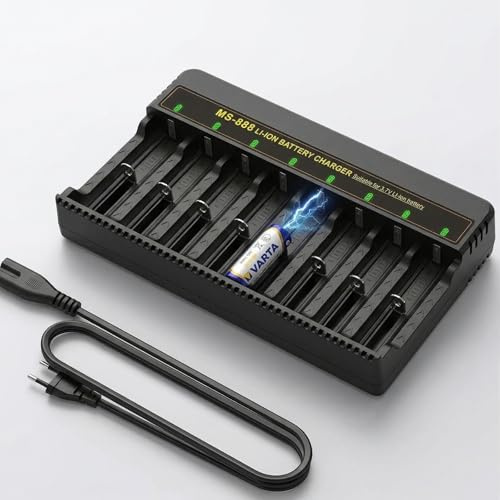 18650 laddare, 8-vägs Li-Ion batteriladdare snabbladdare för 3,7 V batterier, universell kompatibel med 16340 14500 18650 18350 18500 16650 26650 21700 26800 26700 oberoende laddkanaler med 500mA