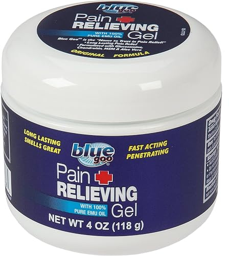 Blue Goo Pain Relieving Gel – Relief for Back, Neck, Muscle and Joint Pain, Fast-Acting Cooling and Soothing Relief with 100% Pure Emu Oil, 4 oz (1 Pack)