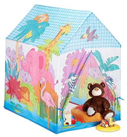 Relaxdays 10024756 Spielzelt Dschungel Tiere, f. Kinderzimmer, Outdoor, ab 3, Stoff, Safari Kinderzelt HBT 102 x 72 x 95 cm, bunt
