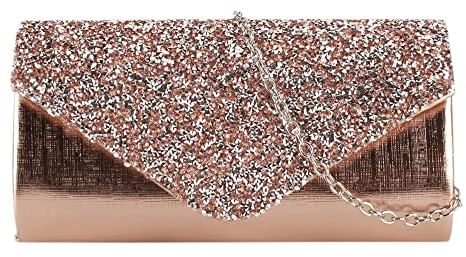 MEGAUK Damen Clutch Glitzer Abendtasche Glänzend Handtasche Envelope Tasche Strass Unterarmtasche mit Kette für Hochzeit Wedding Prom Party, Rosegold