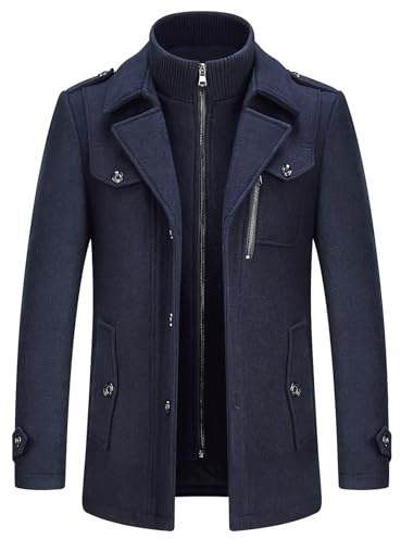 KUDORO Men's Winter Coat Warm Padded Casual Overcoat With Removable Collar | Wool Blend Casual Business Thick Peacoat Mid-Length Jacket with Multi Pockets Dual-Layer Knit Mock Neck Outerwear