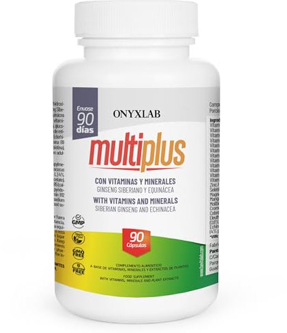 MULTIPLUS Multivitaminas y Minerales con Ginseng Siberiano y Equinácea 90 Cápsulas Vegano sin Gluten ni Lactosa Energía Bienestar, Natural, Apoyo Cognitivo Metabolismo Óseo Fabricado en España