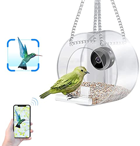 Window Bird Feeder with Camera fit for Small Bird, Clear Bird House, Small Hanging Bird Feeders mit Smart Camera for Outside Outdoor Garden Wild Bird Watching Photo Taking Video Recording (Round)