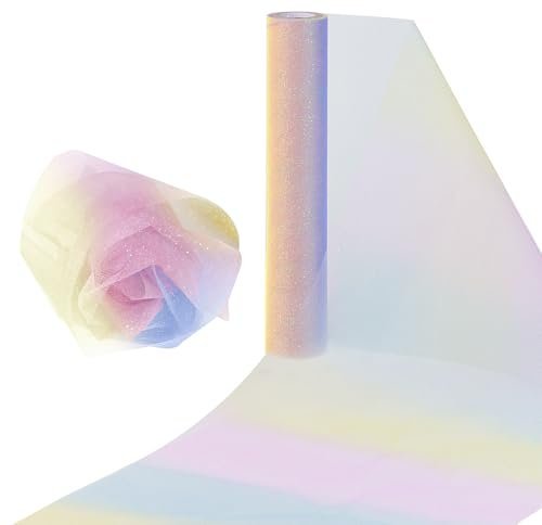 30x9m Tüllrolle mit Farbverlauf, Tüll Stoff Rolle Farbig, Regenbogen Glitter Tüll Dekostoff Tüllband Tüllband Tischläufer Tischband Tüllnetz für Weihnachten Hochzeit Party Deko Handwerk