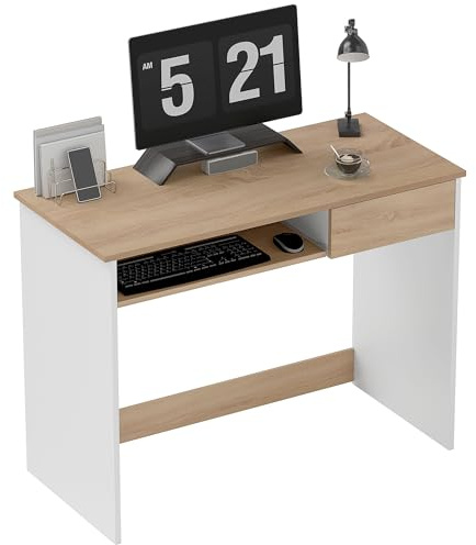 HOMCOM 100cm Compact Computer Desk with Keyboard Tray, Home Office Desk with Drawer for Bedroom Study, Oak