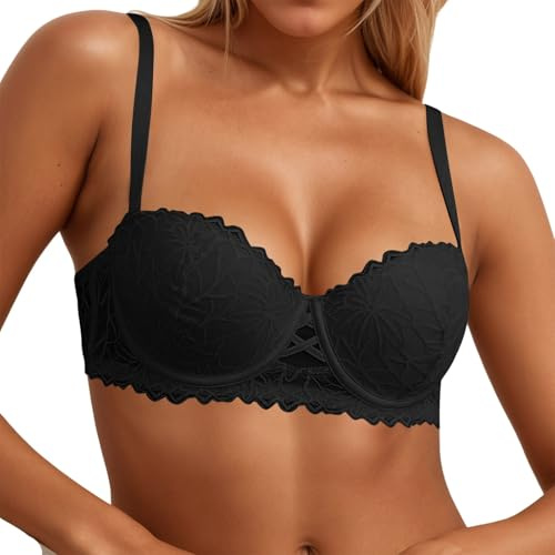 Dirndl Soutien-gorge push-up extrême pour petites seins Blanc Soutien-gorge balconnet avec dentelle sexy demi-coques Soutien-gorge légèrement rembourré uni avec fines bretelles, Noir , 90C
