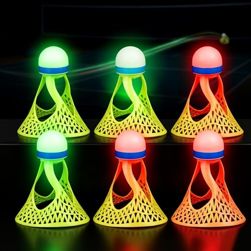 Gohytal 6er Set LED Federbälle, Federball Badmintonbälle Bunte leuchtende Badminton Bälle aus Nylon Wasserdicht Windbeständig für Indoor Outdoor Nacht Freizeit Training