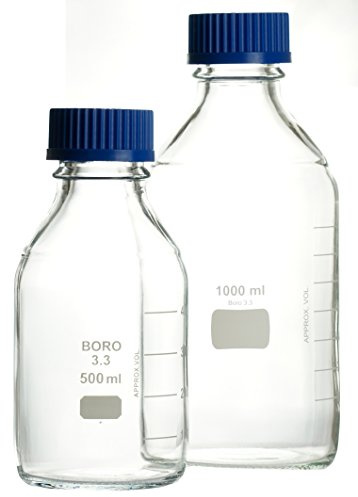 Laborflaschen 1000ml GL45 ECONOMY weiß graduiert mit PP-Schraubkappe und Augussring, hergestellt aus Borosilikatglas 3.3, komplette Verpackungseinheit