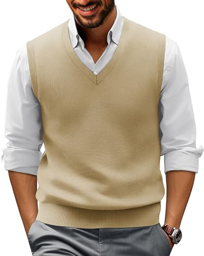 Classic Sweater Vest for Men Soft Knit V-Neck Gentleman Clothes (L, Light Tan)