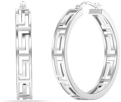 LeCalla 925 Sterling Silber Griechischer Schlüssel Creolen Leichtgewicht Klick-Top Griechische Mauer Ausschnitt Muster Ohrring Creolen für Frauen