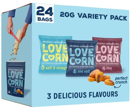 LOVE CORN Variety Pack (8x Sea Salt, 8x BBQ, 8x Salt & Vinegar) – Healthy Snacks Ideal for Gluten Free & Vegan Diets – Low Sugar Alternative for Crisps, Mixed Nuts & Pretzels – Perfect To Graze On
