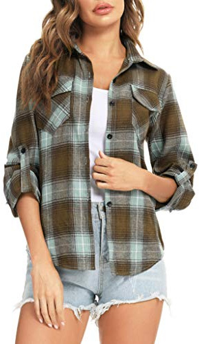 Enjoyoself dam, rutig blus, långärmad, rutiga flanellskjortor, 100 % bomull, button-down skjortblus för vardag och oktoberfest, Brun+grön, M