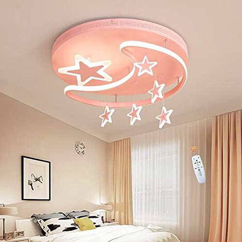 FUMIMID Kinderlampe LED Deckenleuchte Dimmbar Mit Fernbedienung Sterne Mond Hangend Deckenlampe Moderne Mädchen Jungen Schlafzimmerlampe Babyzimmer Kinderzimmer Wohnzimmer Kronleuchter,Rosa,52cm
