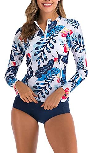 Maillot de Bain Anti-UV Femme, Manches Longues, Deux Pièces, Veste Zippée + Culotte, Protection Solaire Imprimé Tankini Ensembles Maillot de Bain,Blanche,XXL