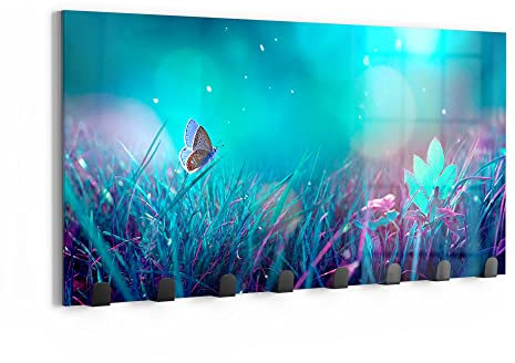 DEQORI Wandgarderobe Glas & Metall | Motiv Märchenhafte Wiese | 60x30 cm | Design Haken-Leiste modern | Garderoben-Paneel für Flur, Wohnzimmer & Schlafzimmer | magnetisch & beschreibbar