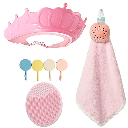 Baby Shower Cap,Shower Caps for Kids,Crown Hair Washing Shampoo Shield Adjustable Shampoo Cap Visor Hat with Baby Bath Brush and 1 Pcs Hook(Random Colors) for Kids Baby Eyes and Ears Protector
