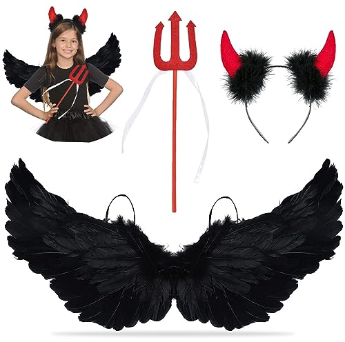 XLZJYIJ Engelflügel Schwarz, 3 Stück Teufel Federnflüge mit Teufel Horn und Rot Heugabel, 60 cm Teufel Flügel Kinder, Engel Flügel Kostüm für Cosplay Karneval Halloween Party Fasching Kostüme