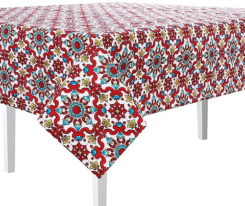 SaRani Tovaglia Tavola Copritavola Decorazione Cucina Cotone Fantasia Vietrese Mattonelle Maioliche (Rosso, 12 posti)