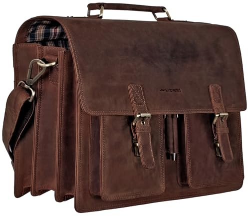 Marc Peter Amsterdam Aktentasche Leder XL Lehrertasche mit Laptopfach 15,6 Zoll große Ledertasche zum Umhängen Trolley aufsteckbar Braun Hunter