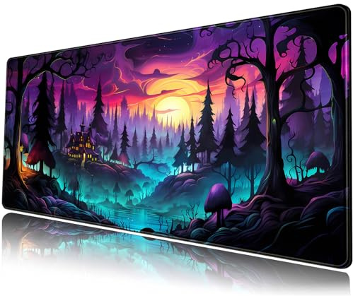 Mystic Forest Desk Mat Purple Cute Large Mouse Pad Extended Gaming Mousepad XL Big Aesthetic Desk Pad Cool Anime Keyboard Mat Laptop Desktop Mouse Mat 31.5''X11.8''