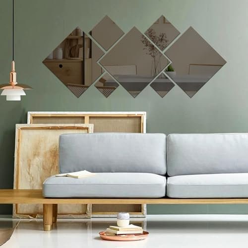 LAGAHS 7 piastrelle a specchio da parete, autoadesive, a forma di rombo, per camera da letto, casa, palestra, armadio, porte, decorazioni (nere)