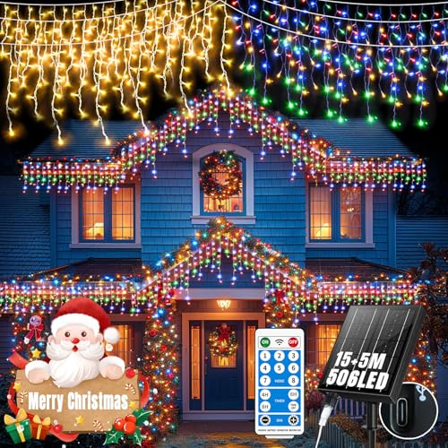 GCMacau 3 IN 1 Solar Eisregen Lichterkette [15m +5m], 506LEDs Weihnachtsbeleuchtung Außen,8 Modi,Erweiterbar, Lichterkette Außen USB-Strom,IP65 Wasserdicht Mit Fernbedienung Timer[Warmweiß+Bunt]