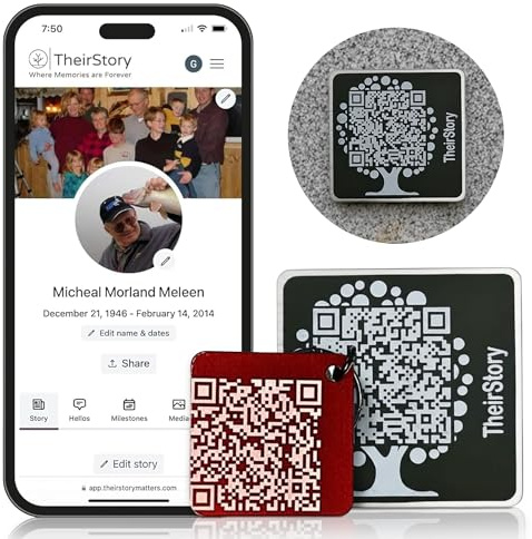 Their Story Grabstein-Tags – Scannbares QR-Code-Tag und Schlüsselanhänger-Kombi-Set – Bewahren Sie Erinnerungen – Friedhofshommage Beileidsgeschenk, Gedenk-, Mutter- und Vatertagsgeschenk – Medaillon