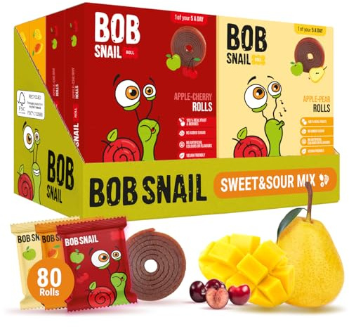 Bob Snail Fruit Roll Ups, Mango, Pear, Cherry, 80 pcs (800g) | Sweets Snacks, Real Dried Fruits, No Added Sugar, Nut Free