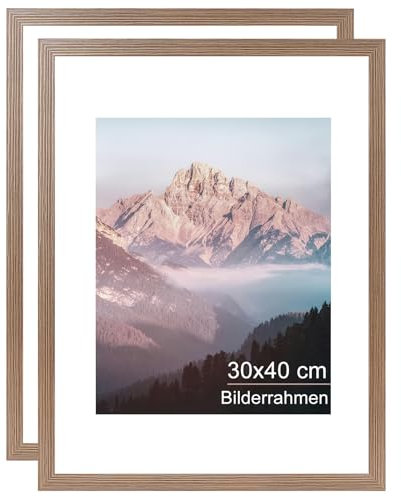 OMISHE 2er Pack Massivholz Bilderrahmen 30x40, Rahmen 30x40, Rustikaler Brauner Bilderrahmen 30x40 cm mit 21,5x28 cm Passepartout und Plastikhülle, Holzbilderrahmen 30 x 40cm zum Aufhängen, 2er Pack