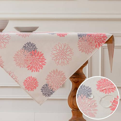 Vorysum Tischdecke Modern Blumen Rosa Dahlien Tischwäsche Wasserabweisend Leinen，Dekoration Tischläufer Outdoor Sommer Garten für Hochzeit Esszimmer Party Urlaub Dekor 85 x 85 cm